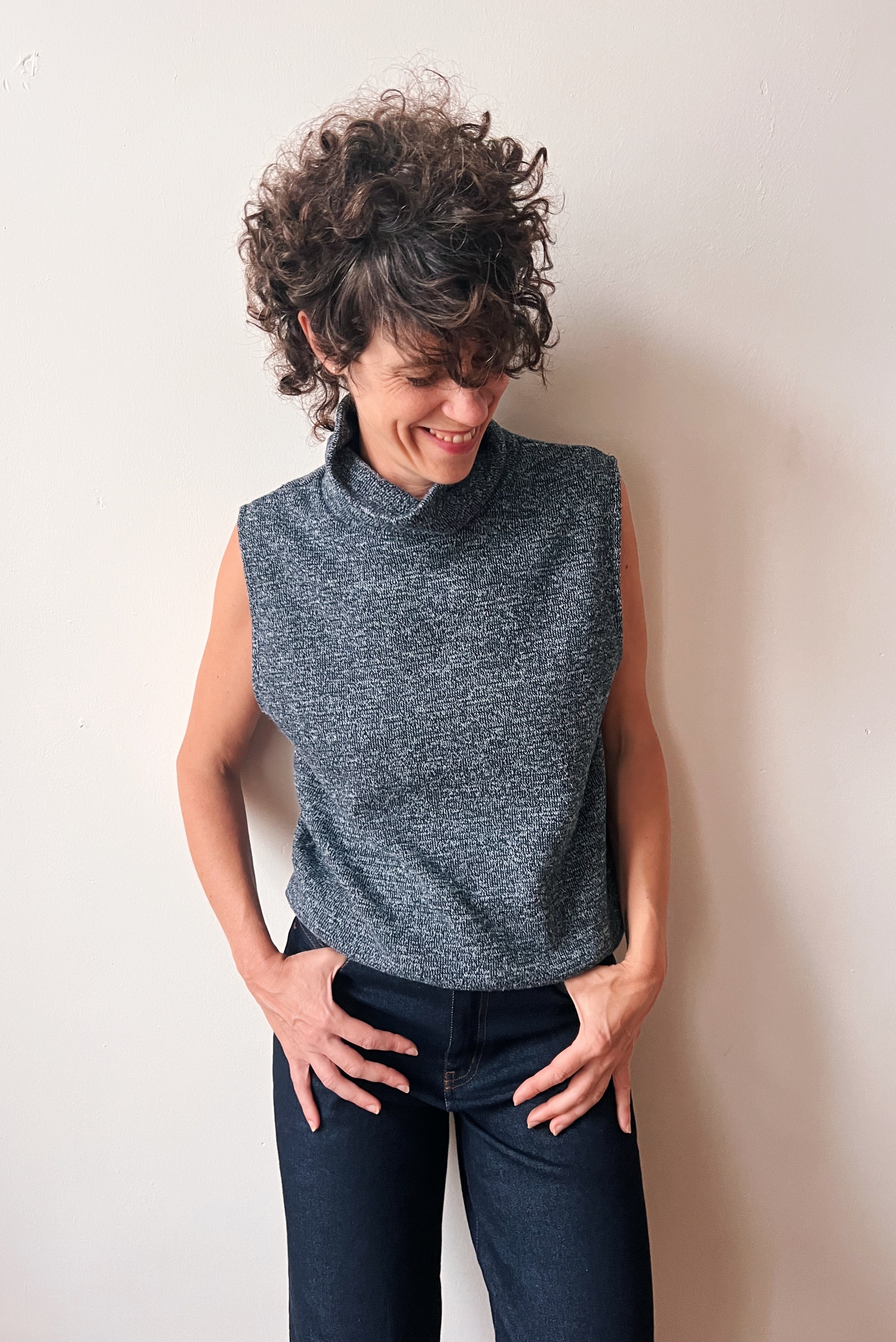 Knitted Sleeveless Turtle Sweater Freya - Grey Blue Melange